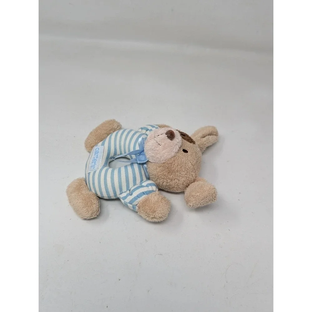 Carters Just One Year Baby Rattle Plush Puppy‎ Dog Blue Stripe Ring Prestige Toy